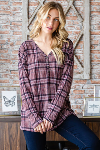 Shop Mauve Heimish Full Size Plaid V-Neck Long Sleeve Top - High-Quality U.S. Made Women’s Fashion with Free & Fast Shipping