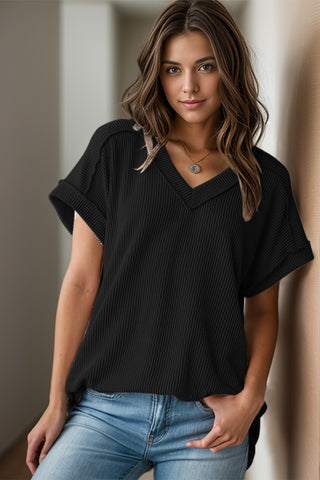 Shop Textured V-Neck Short Sleeve Top - High-Quality U.S. Made Women’s Fashion with Free & Fast Shipping