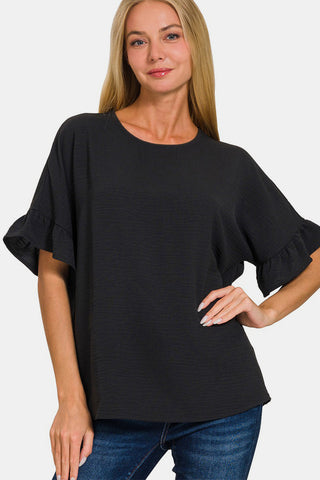 Shop Black Zenana V-Neck Flutter Sleeve Top - High-Quality U.S. Made Women’s Fashion with Free & Fast Shipping