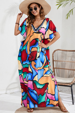 Shop Multicolor One Size Slit Printed V-Neck Short Sleeve Cover Up - High-Quality U.S. Made Women’s Fashion with Free & Fast Shipping