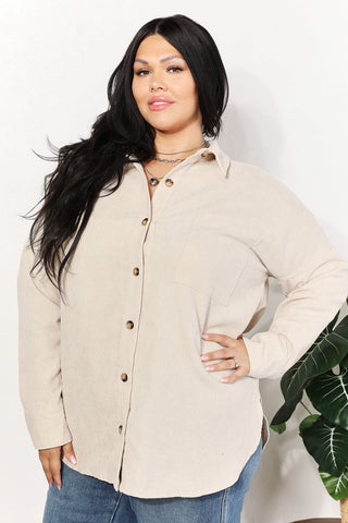 Shop Cream HEYSON Full Size Oversized Corduroy Button-Down Tunic Shirt with Bust Pocket - High-Quality U.S. Made Women’s Fashion with Free & Fast Shipping