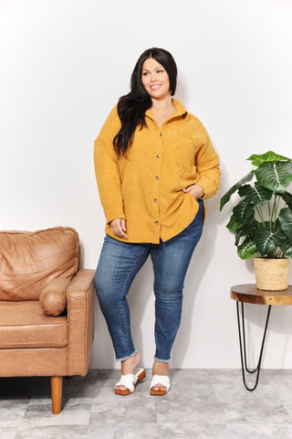 Shop HEYSON Full Size Oversized Corduroy Button-Down Tunic Shirt with Bust Pocket - High-Quality U.S. Made Women’s Fashion with Free & Fast Shipping