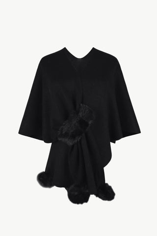 Shop Surplice Neck Pom-Pom Trim Poncho - High-Quality U.S. Made Women’s Fashion with Free Fast Shipping