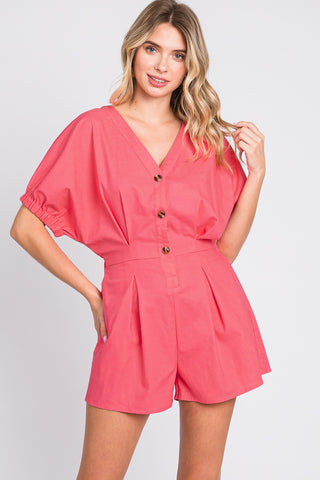 Shop Pink GeeGee Half Button V-Neck Linen Romper - High-Quality U.S. Made Women’s Fashion with Free & Fast Shipping