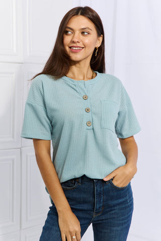 Shop Heimish Made For You Full Size 1/4 Button Down Waffle Top in Blue - High-Quality U.S. Made Women’s Fashion with Free & Fast Shipping