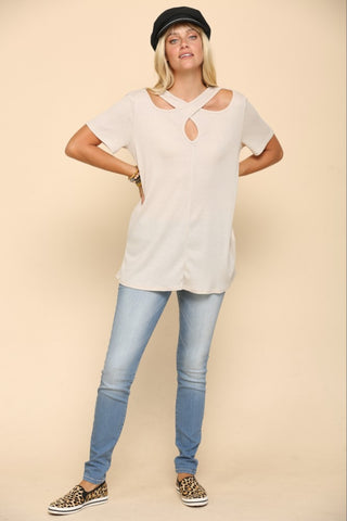 Shop Celeste Full Size Crisscross Cutout Short Sleeve T-Shirt - High-Quality U.S. Made Women’s Fashion with Free & Fast Shipping