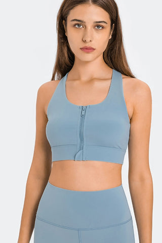 Shop Blue Millennia Zip Up Racerback Sports Bra - High-Quality U.S. Made Women’s Fashion with Free & Fast Shipping