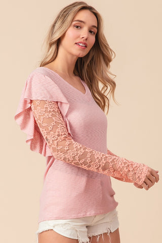 Shop BiBi Ruffled Lace Sleeve Rib Knit Top - High-Quality U.S. Made Women’s Fashion with Free & Fast Shipping