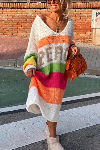 Shop Color Block V-Neck Long Sleeve Sweater Dress - High-Quality U.S. Made Women’s Fashion with Free Fast Shipping