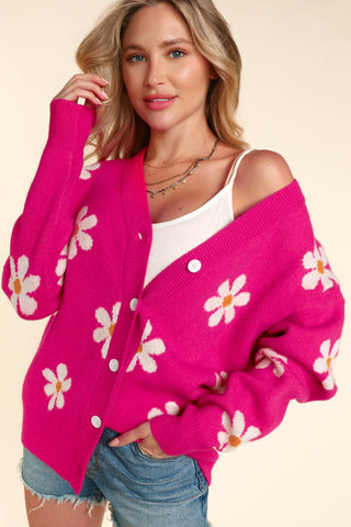 Shop Fuchsia Haptics Full Size Daisy Floral Button Down Long Sleeve Cardigan - High-Quality U.S. Made Women’s Fashion with Free & Fast Shipping