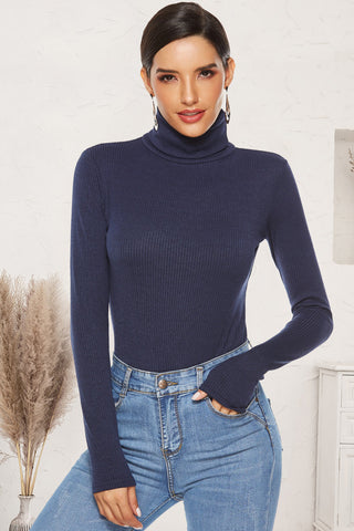 Shop Dark Blue Ribbed Turtleneck Long Sleeve Bodysuit - High-Quality U.S. Made Women’s Fashion with Free & Fast Shipping