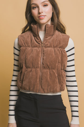 Shop Love Tree Corduroy Zip Up Puffer Vest with Pockets - High-Quality U.S. Made Women’s Fashion with Free Fast Shipping