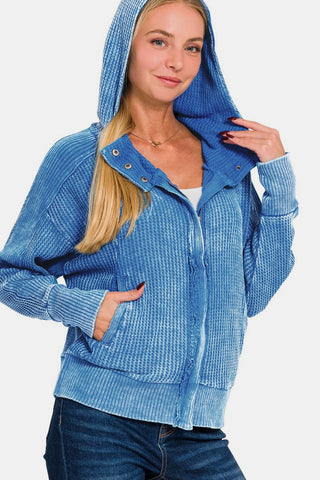 Shop Ocean Blue Zenana Washed Zip Up Hooded Jacket - High-Quality U.S. Made Women’s Fashion with Free & Fast Shipping