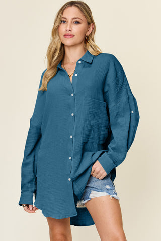 Shop Double Take Full Size Pocketed Texture Button Up Shirt - High-Quality U.S. Made Women’s Fashion with Free & Fast Shipping