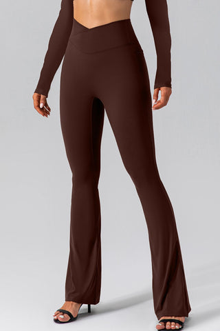 Shop Dark Brown High Waist Slit Pocketed Active Pants - High-Quality U.S. Made Women’s Fashion with Free & Fast Shipping