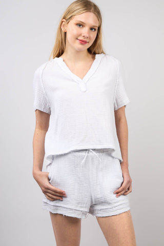 Shop VERY J Washed Cotton Crinkle Gauze Top and Shorts Set - High-Quality U.S. Made Women’s Fashion with Free Fast Shipping