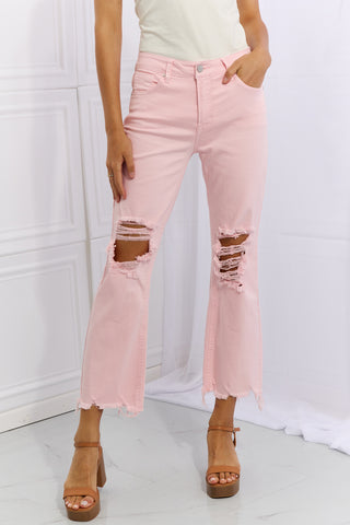 Shop Blush Pink RISEN Miley Full Size Distressed Ankle Flare Jeans - High-Quality U.S. Made Women’s Fashion with Free & Fast Shipping