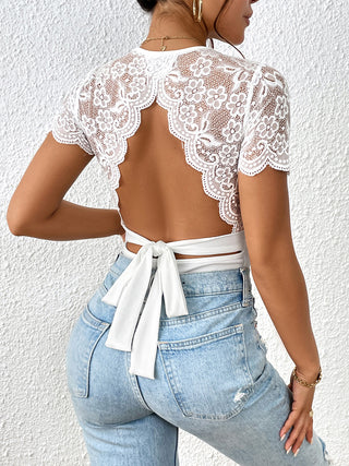 Shop Lace Backless Round Neck Bodysuit - High-Quality U.S. Made Women’s Fashion with Free & Fast Shipping