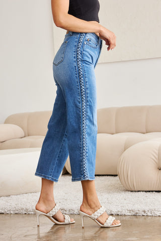 Shop Judy Blue Full Size Braid Side Detail Wide Leg Jeans - High-Quality U.S. Made Women’s Fashion with Free & Fast Shipping