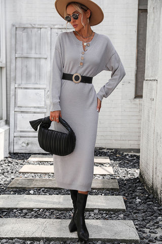 Shop Notched Neck Dropped Shoulder Button-Down Midi Dress - High-Quality U.S. Made Women’s Fashion with Free Fast Shipping