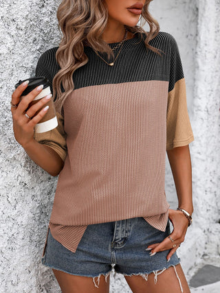 Shop Black Camel Mandy Color Block Round Neck Half Sleeve T-Shirt - High-Quality U.S. Made Women’s Fashion with Free & Fast Shipping