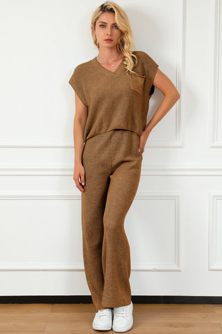 Shop Caramel Pocketed V-Neck Top and Wide Leg Sweater Set - High-Quality U.S. Made Women’s Fashion with Free & Fast Shipping