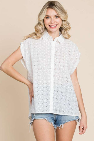 Shop Culture Code Eyelet Crisscross Back Button Up Shirt - High-Quality U.S. Made Women’s Fashion with Free & Fast Shipping