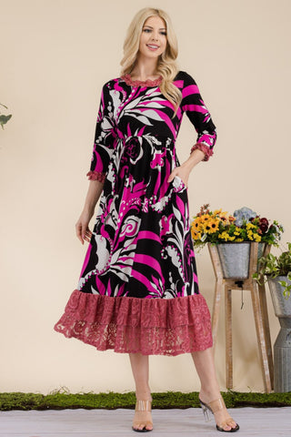 Shop Fuchsia Celeste Full Size Paisley Print Lace Ruffled Midi Dress - High-Quality U.S. Made Women’s Fashion with Free & Fast Shipping