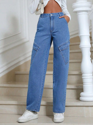 Shop Medium High Waist Straight Leg Jeans with Pockets - High-Quality U.S. Made Women’s Fashion with Free & Fast Shipping