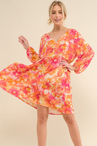 Shop Orange Multi And The Why Full Size Printed Tie Back Long Sleeve Dress - High-Quality U.S. Made Women’s Fashion with Free & Fast Shipping