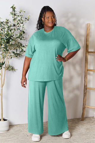 Shop Double Take Full Size Round Neck Slit Top and Pants Set - High-Quality U.S. Made Women’s Fashion with Free Fast Shipping