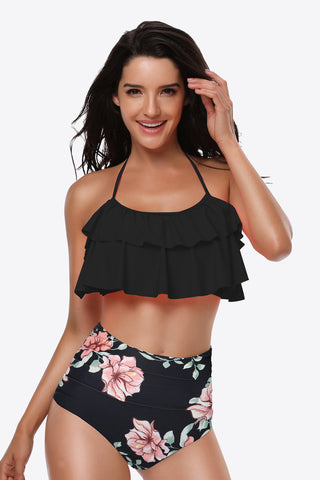 Shop Black Floral Two-Tone Ruffled Halter Neck Two-Piece Swimsuit - High-Quality U.S. Made Women’s Fashion with Free & Fast Shipping