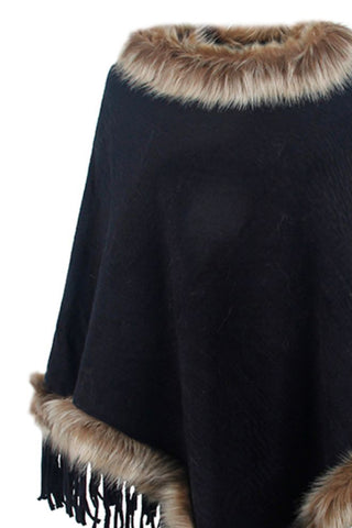 Shop Faux Fur Trim Fringed Poncho - High-Quality U.S. Made Women’s Fashion with Free & Fast Shipping