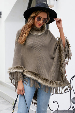 Shop Faux Fur Trim Fringed Poncho - High-Quality U.S. Made Women’s Fashion with Free & Fast Shipping