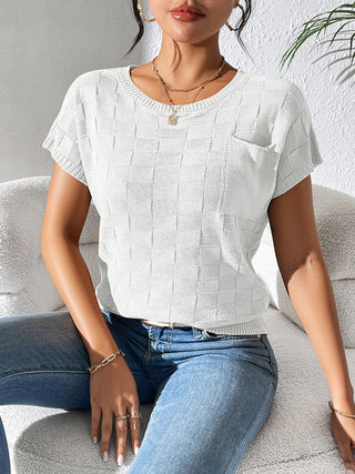 Shop White Round Neck Short Sleeve Knit Top - High-Quality U.S. Made Women’s Fashion with Free & Fast Shipping