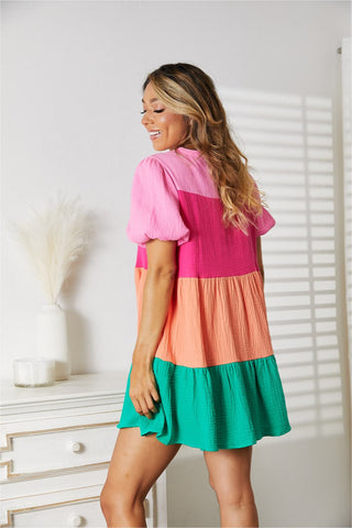 Shop Double Take Color Block Buttoned Puff Sleeve Dress - High-Quality U.S. Made Women’s Fashion with Free & Fast Shipping