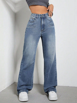 Shop High Rise Wide Leg Jeans with Pockets - High-Quality U.S. Made Women’s Fashion with Free & Fast Shipping