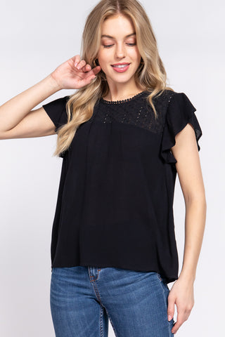 Shop Black ACTIVE BASIC Ruffle Short Sleeve Crochet Blouse - High-Quality U.S. Made Women’s Fashion with Free & Fast Shipping