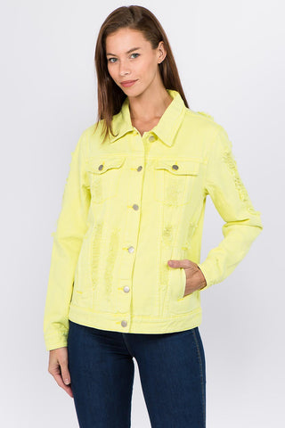 Shop Lime Neon Yellow American Bazi Distressed Back Button Down Denim Jacket - High-Quality U.S. Made Women’s Fashion with Free & Fast Shipping