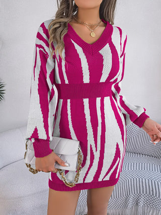 Shop Cerise Animal Print V-Neck Long Sleeve Sweater Dress - High-Quality U.S. Made Women’s Fashion with Free & Fast Shipping