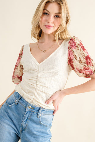 Shop And The Why Full Size Floral Print Textured Sleeve Knit Top - High-Quality U.S. Made Women’s Fashion with Free & Fast Shipping