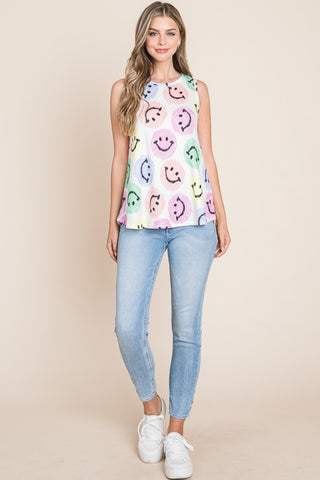 Shop BOMBOM Smiley Face Round Neck Tank - High-Quality U.S. Made Women’s Fashion with Free & Fast Shipping