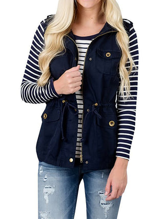 Shop Navy Drawstring Waist Vest with Pockets - High-Quality U.S. Made Women’s Fashion with Free & Fast Shipping