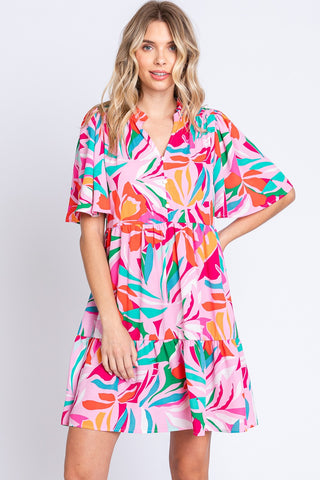 Shop PINK GREEN GeeGee Printed Short Sleeve Ruffle Hem Dress - High-Quality U.S. Made Women’s Fashion with Free & Fast Shipping