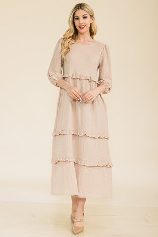 Shop Beige Celeste Full Size Tiered-Ruffle Midi Dress - High-Quality U.S. Made Women’s Fashion with Free & Fast Shipping