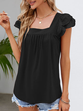 Shop Black Ruffled Square Neck Cap Sleeve Blouse - High-Quality U.S. Made Women’s Fashion with Free & Fast Shipping