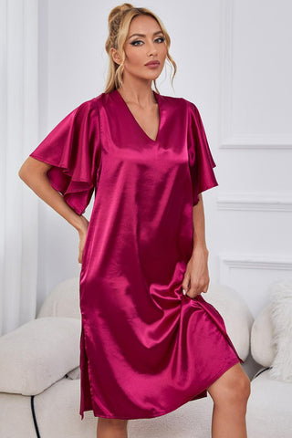 Shop Satin Flutter Sleeve Side Slit V-Neck Night Dress - High-Quality U.S. Made Women’s Fashion with Free & Fast Shipping