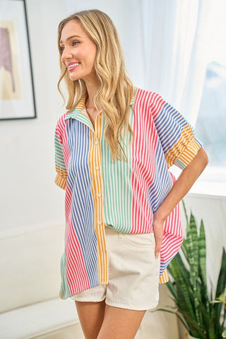 Shop First Love Full Size Striped Button Down Short Sleeve Shirt - High-Quality U.S. Made Women’s Fashion with Free & Fast Shipping