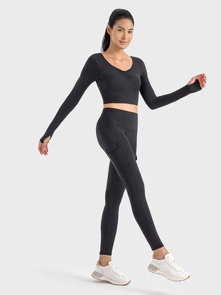 Shop Millennia Ruched Cropped Long Sleeve Sports Top - High-Quality U.S. Made Women’s Fashion with Free & Fast Shipping