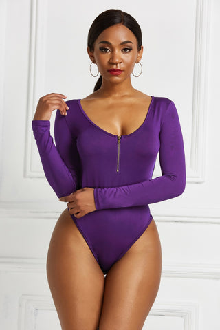 Shop Violet Half Zip Scoop Neck Long Sleeve Bodysuit - High-Quality U.S. Made Women’s Fashion with Free & Fast Shipping